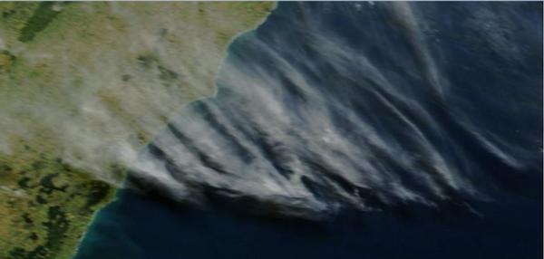 Satellite image over East of North Island shows aerosol trails in parallel